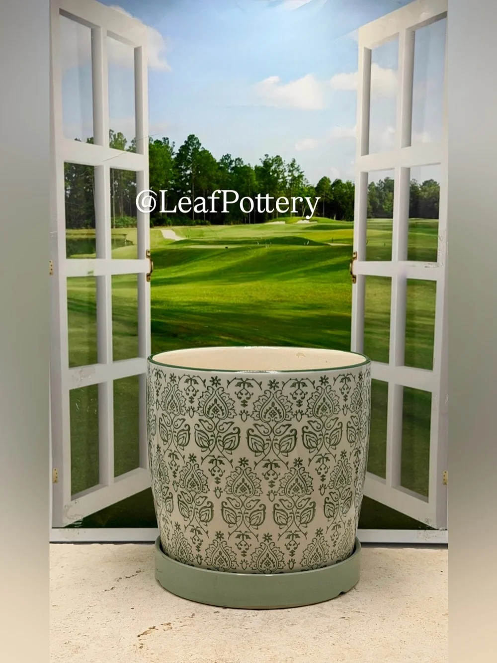 Ceramic Planter with Saucer Attached 7 Inch | Green Patterned Flower Pot